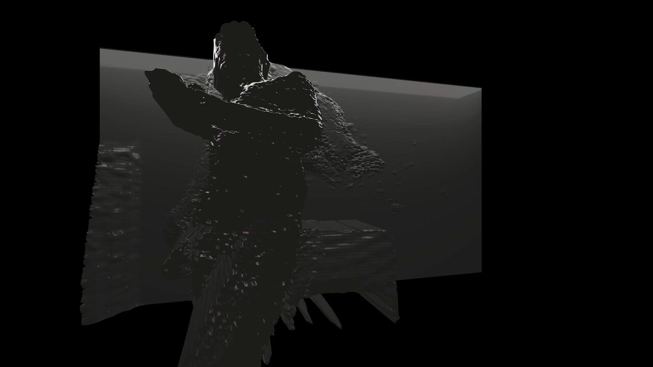 Mesh Deform II: a dark figure with folded arms, its edges broken into jagged shards