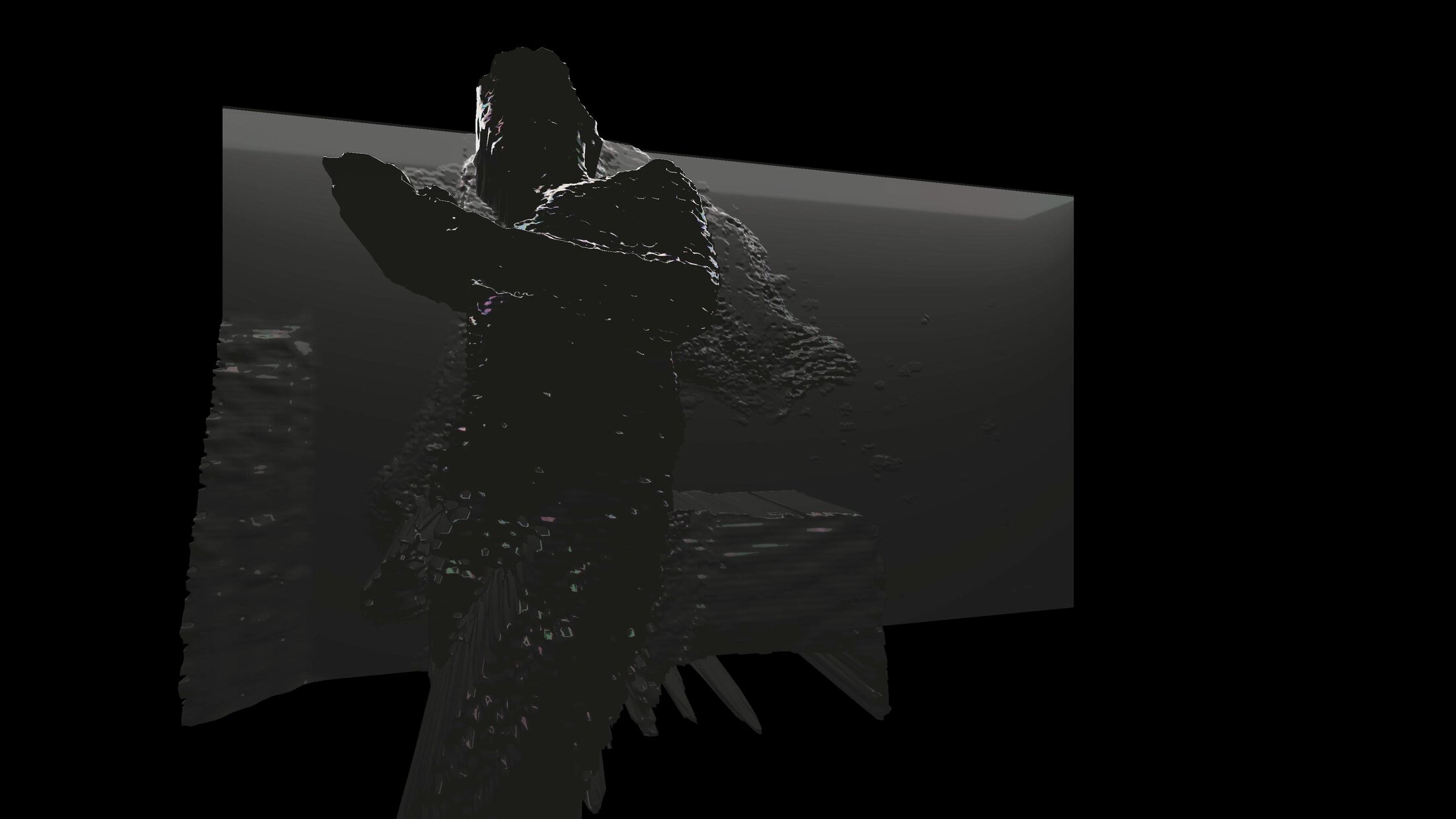 Mesh Deform II: a dark figure with folded arms, its edges broken into jagged shards