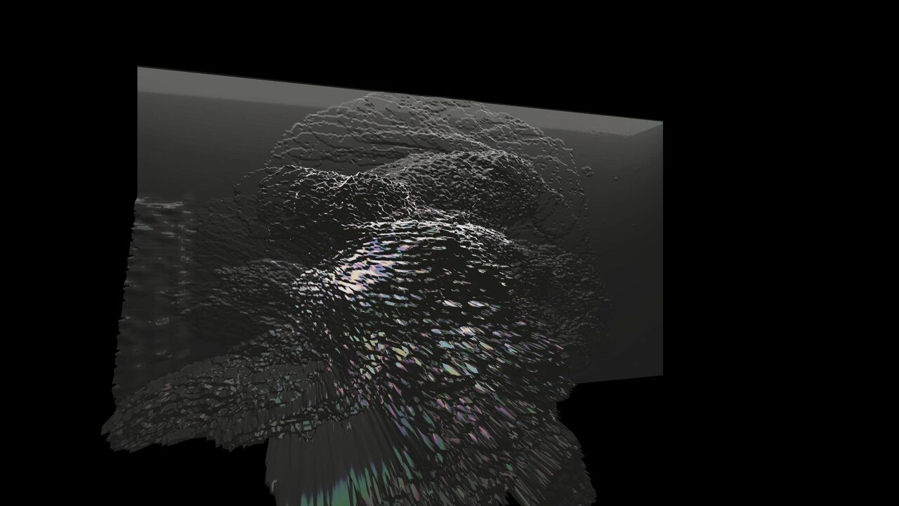 Mesh Deform II: the figure swept into a swirl of dark shards with iridescent glints