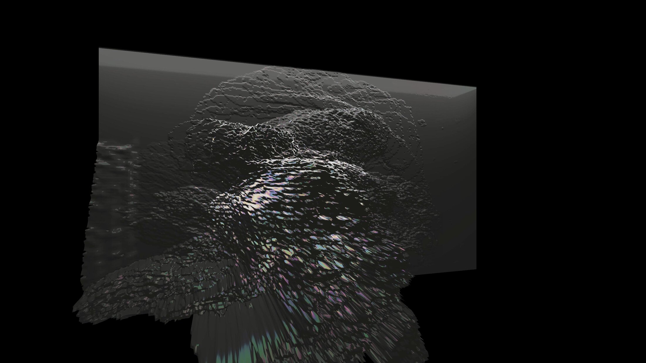 Mesh Deform II: the figure swept into a swirl of dark shards with iridescent glints