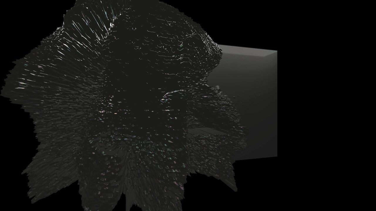 Mesh Deform II: a dark bloom of spikes opening in front of a grey block