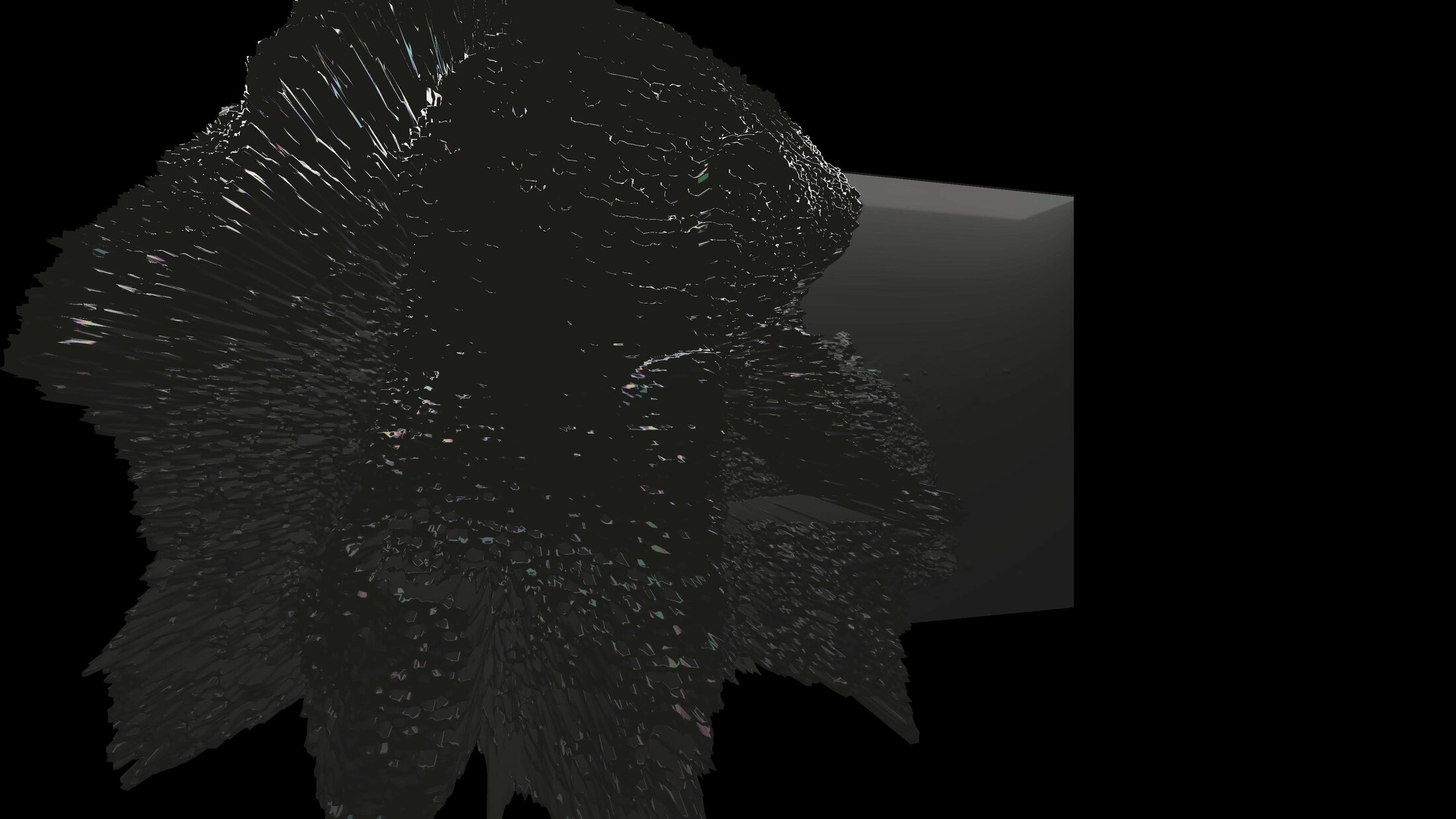 Mesh Deform II: a dark bloom of spikes opening in front of a grey block