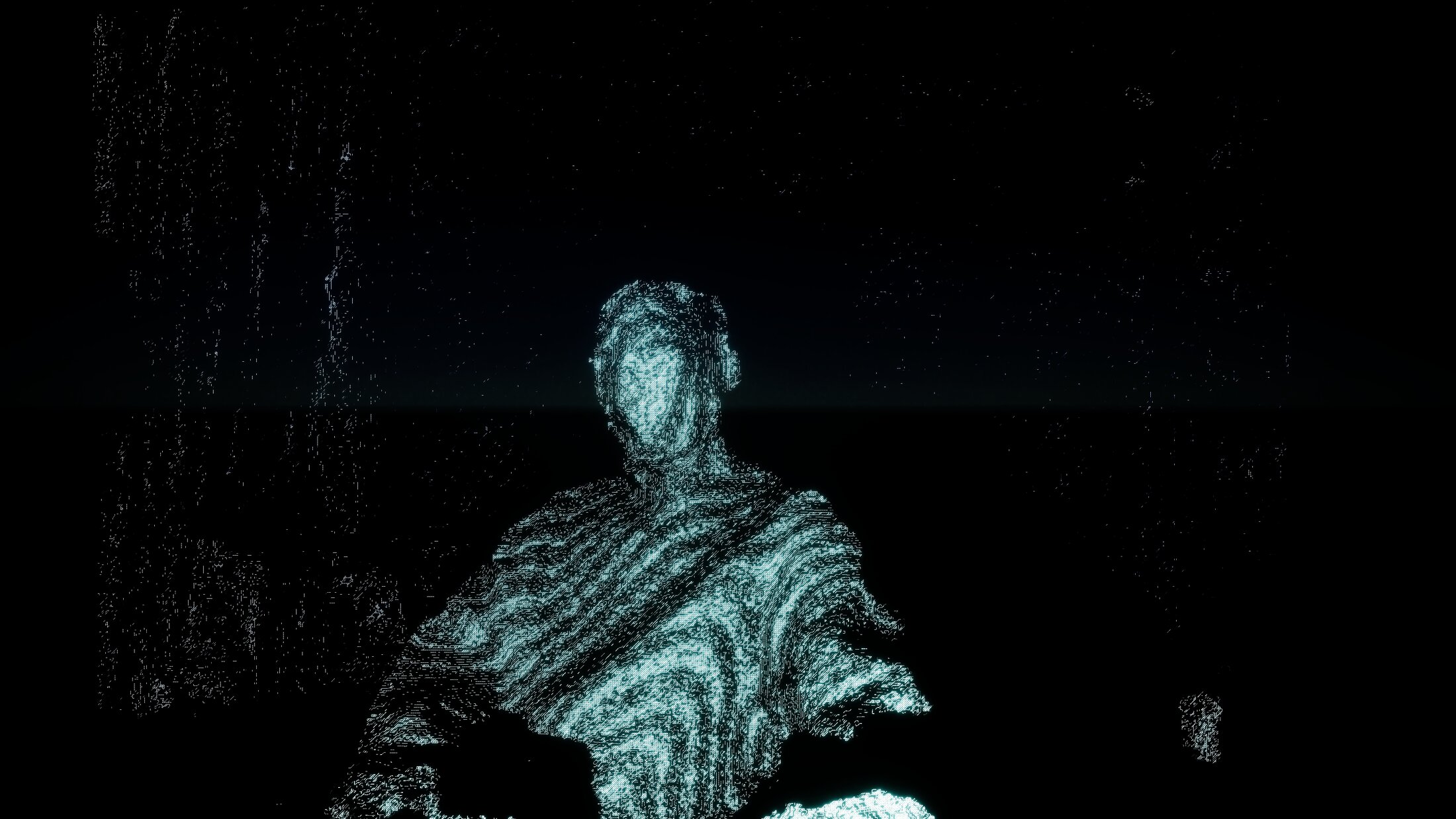 Point Cloud: a draped figure scanned as a cloud of pale points against black