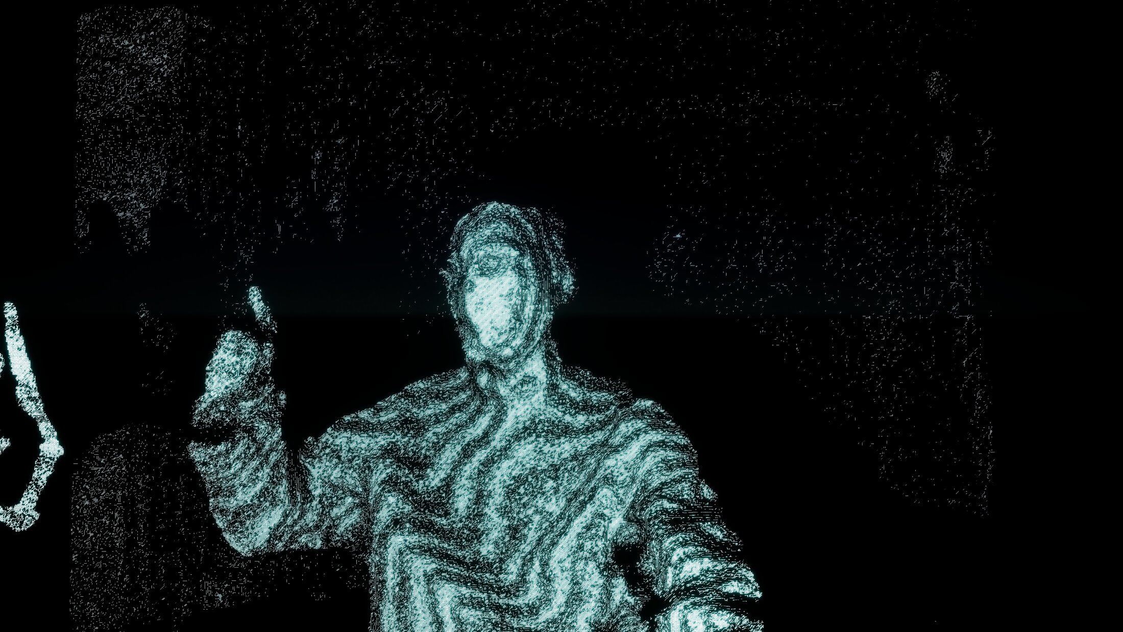 Point Cloud: the figure from the front, its raised arm dissolving into single points