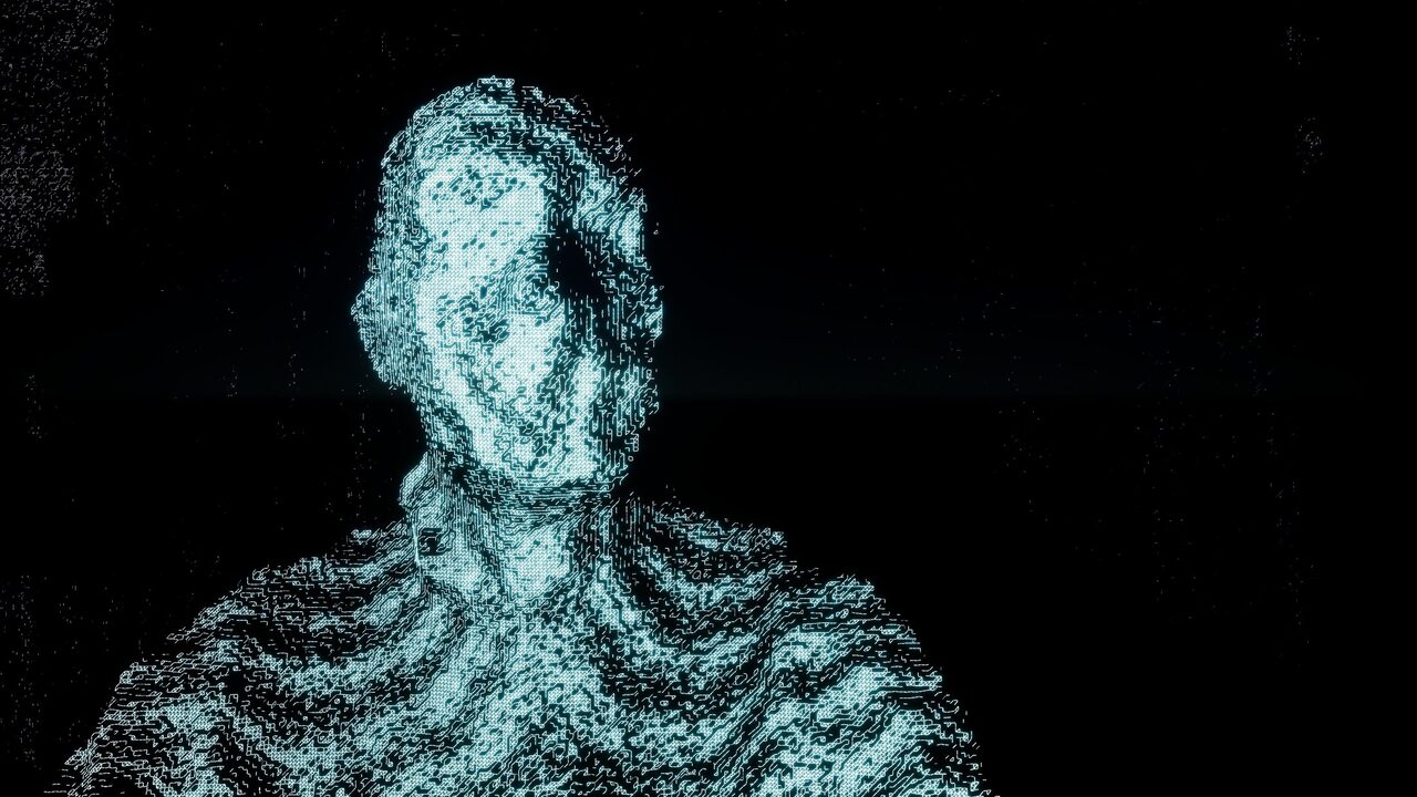 Point Cloud: head and shoulders of the scan, the face barely held together by points