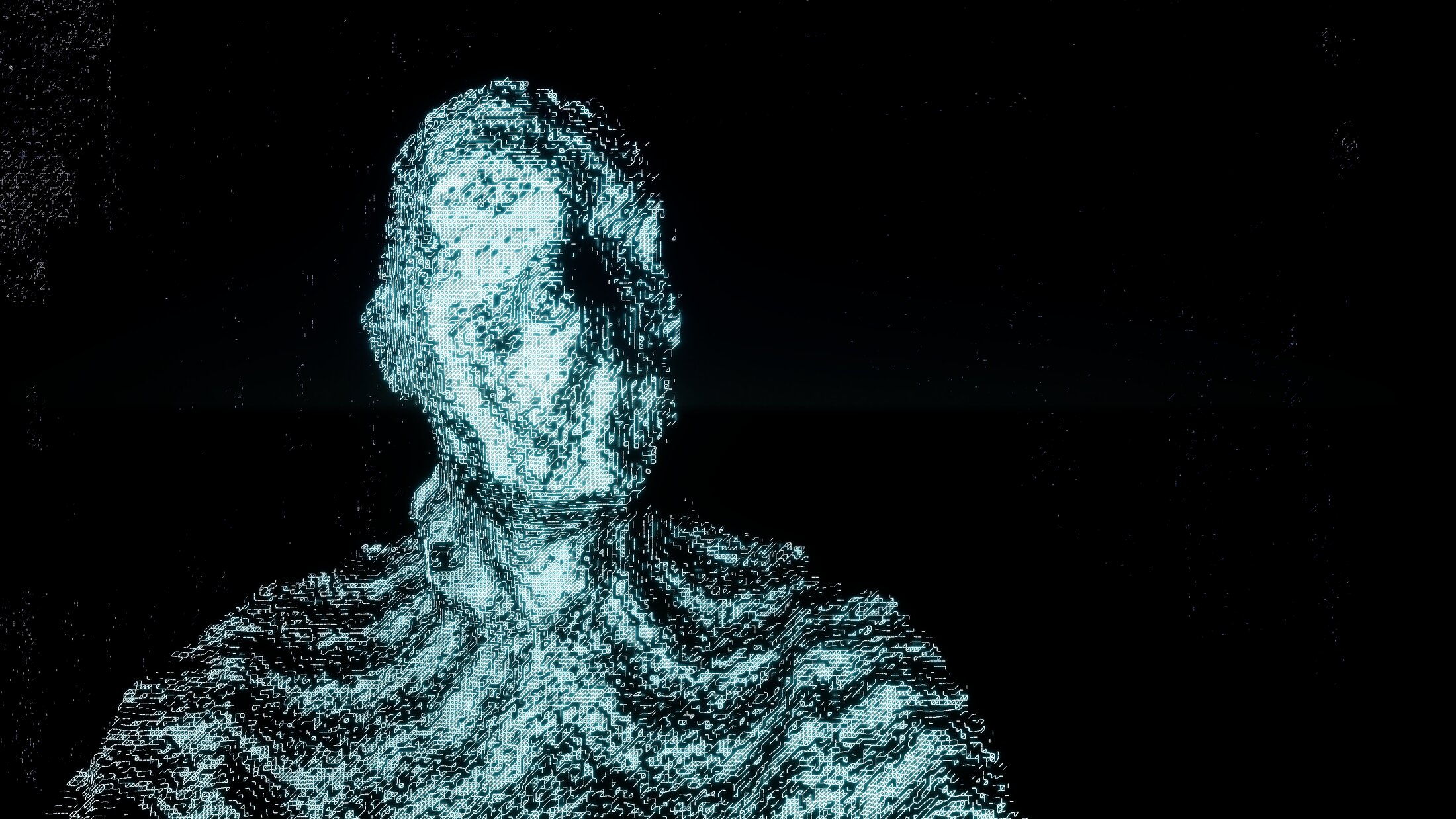 Point Cloud: head and shoulders of the scan, the face barely held together by points