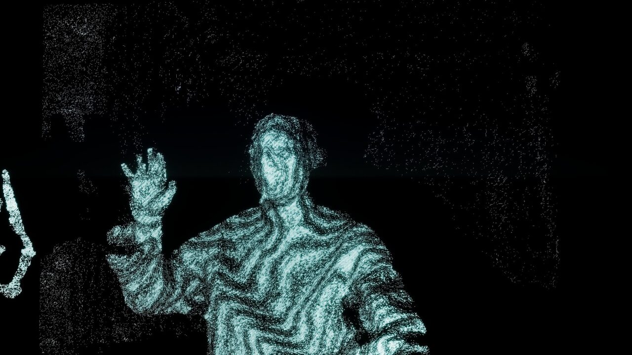 Point Cloud: the scanned figure with a raised hand, drawn only from scattered points