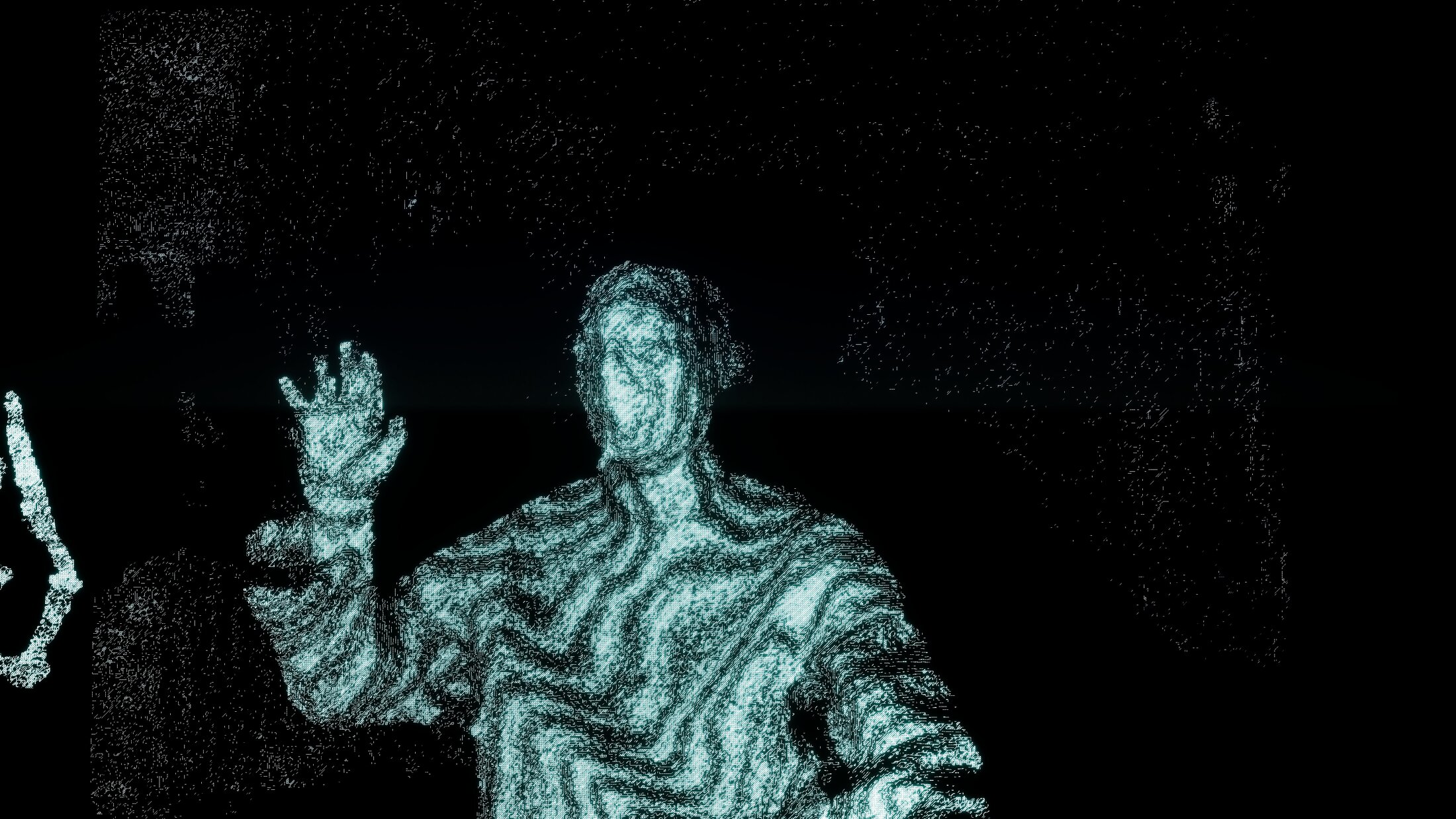 Point Cloud: the scanned figure with a raised hand, drawn only from scattered points