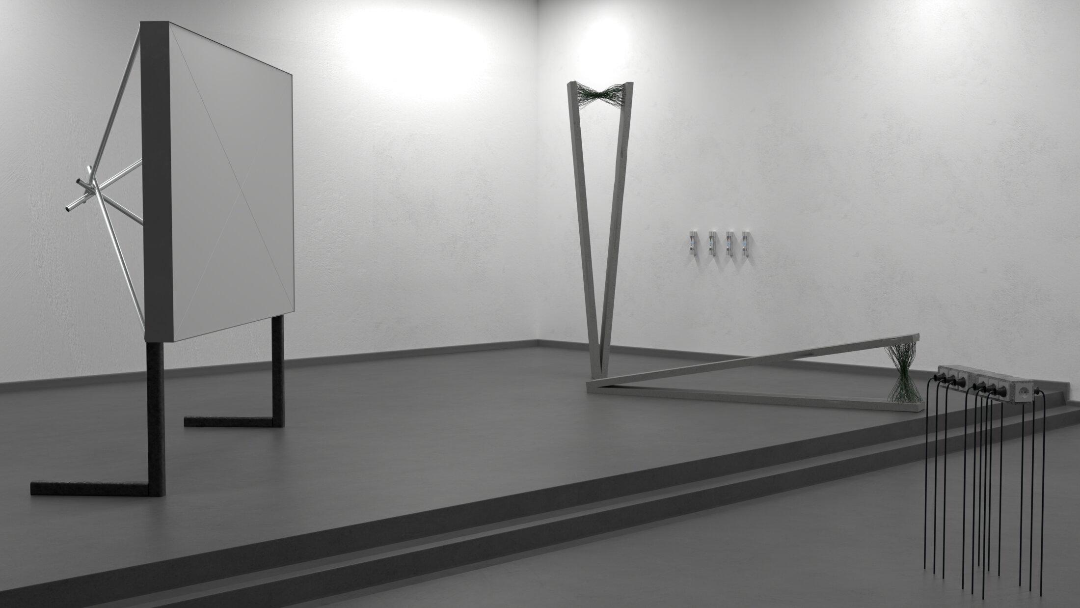 Exhibition view, render: the same room from the other side, Screen at the left and steel rods at the right