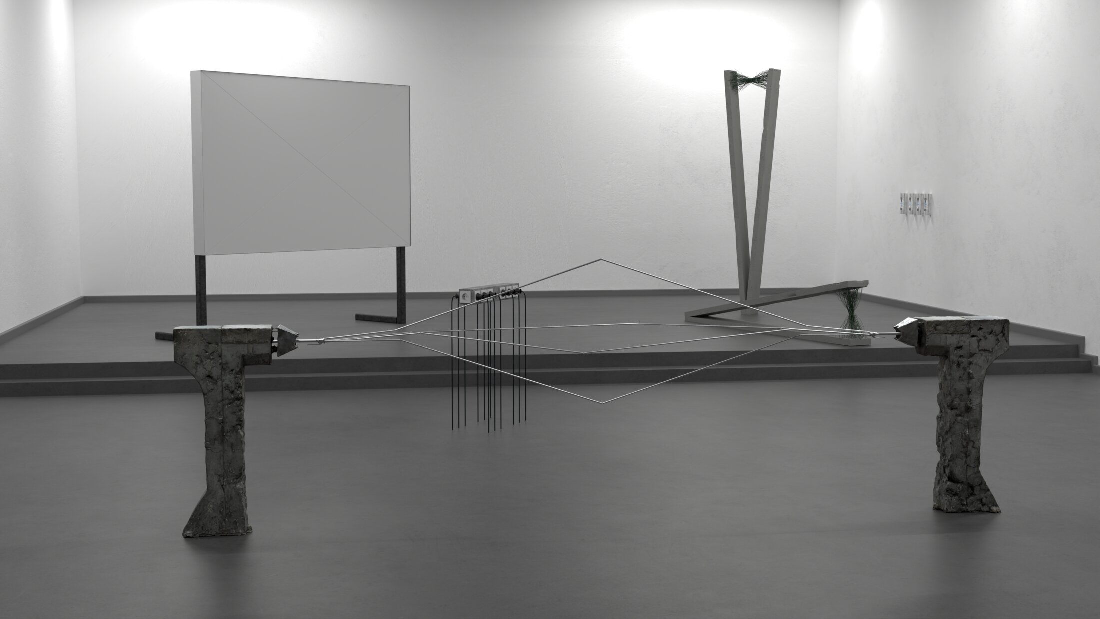 Exhibition view, render: Screen, a tall arched form and the string piece set out together in one room