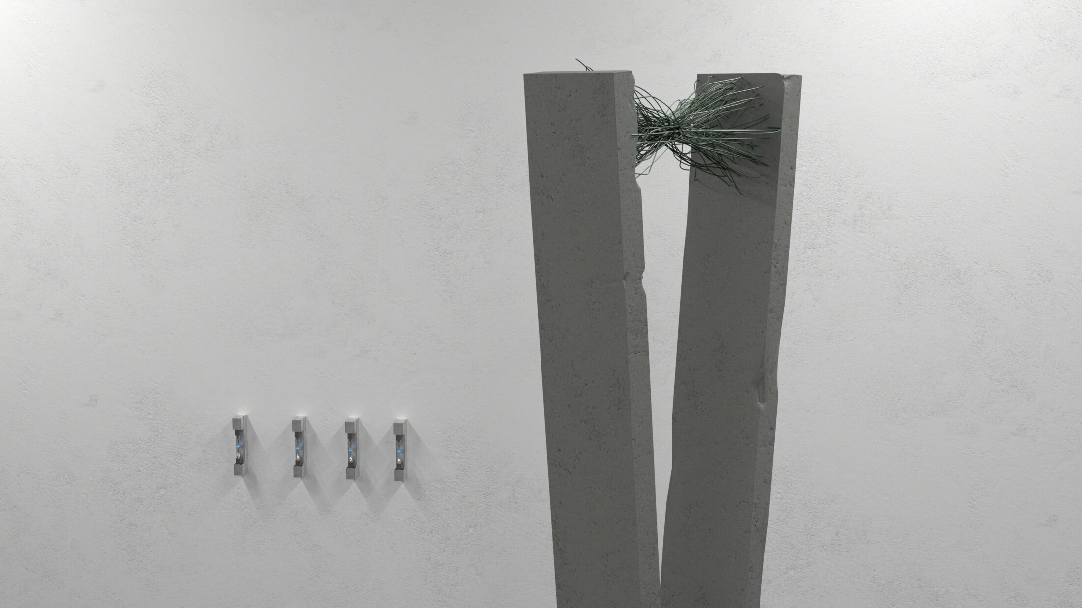 Exhibition view, render: two leaning concrete slabs with green bristles, Dispenser objects on the wall
