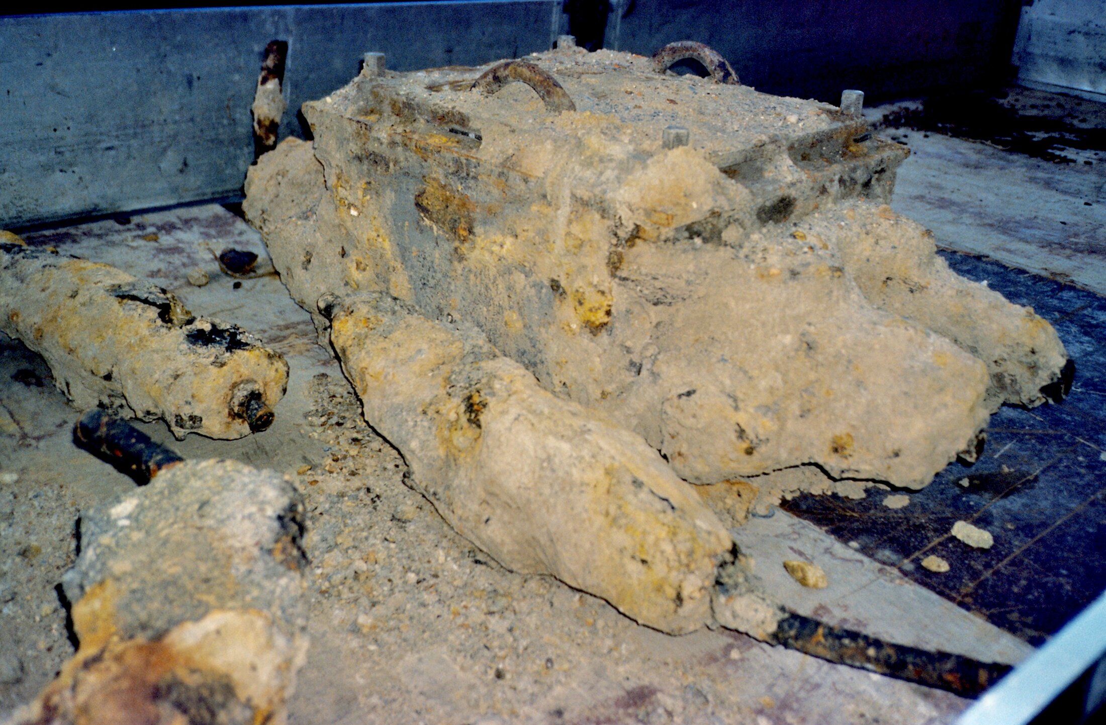 Photography of an unknown object: a crusted, sand-coloured mass with dark bars embedded in it