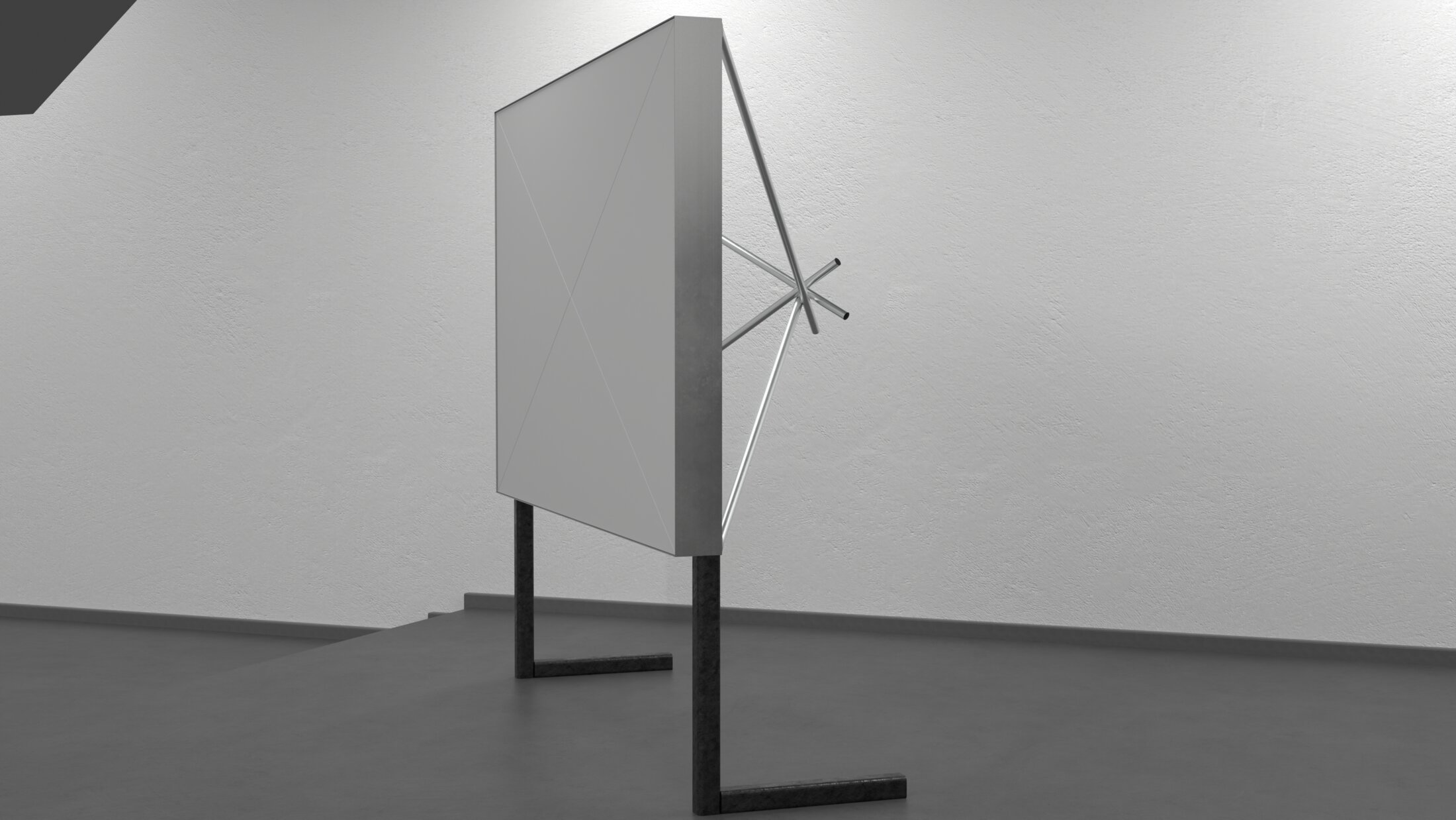 Screen: a large fabric panel on two steel legs, held in shape by a star of tension rods behind it