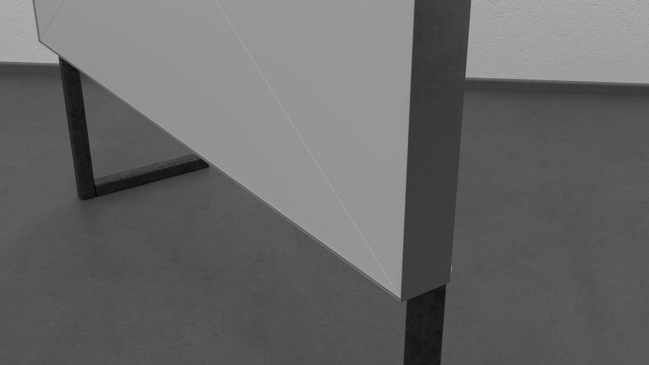 Screen, detail: the lower corner of the stretched panel meeting its steel leg