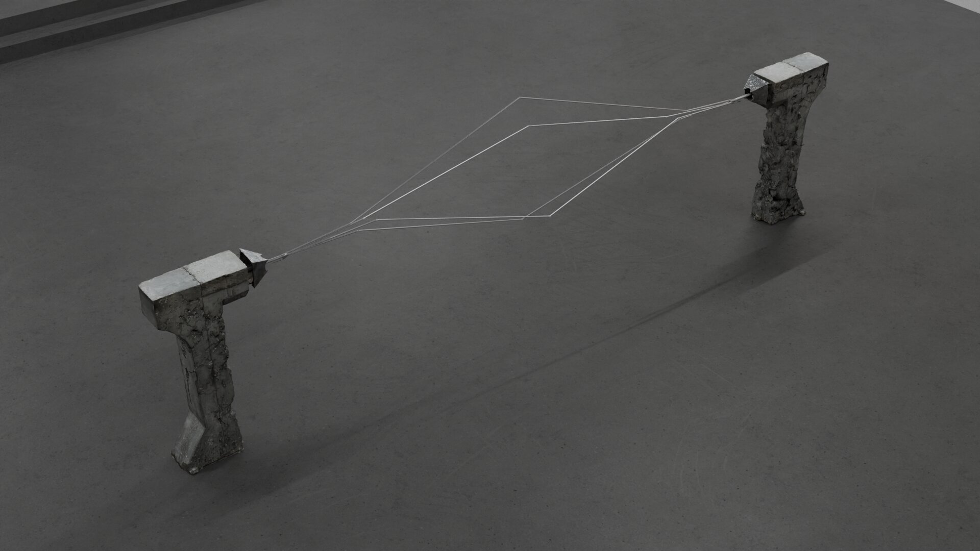 Visualizer, render: two concrete plinths spanning a taut line that draws a diamond across the floor